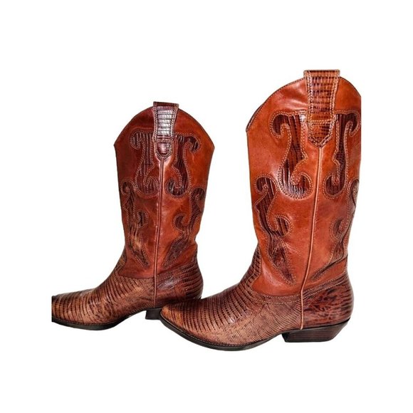Nine West Inlay Cowgirl Boot Women Brown Genuine Leather Boots Size 6.5 - Picture 2 of 5
